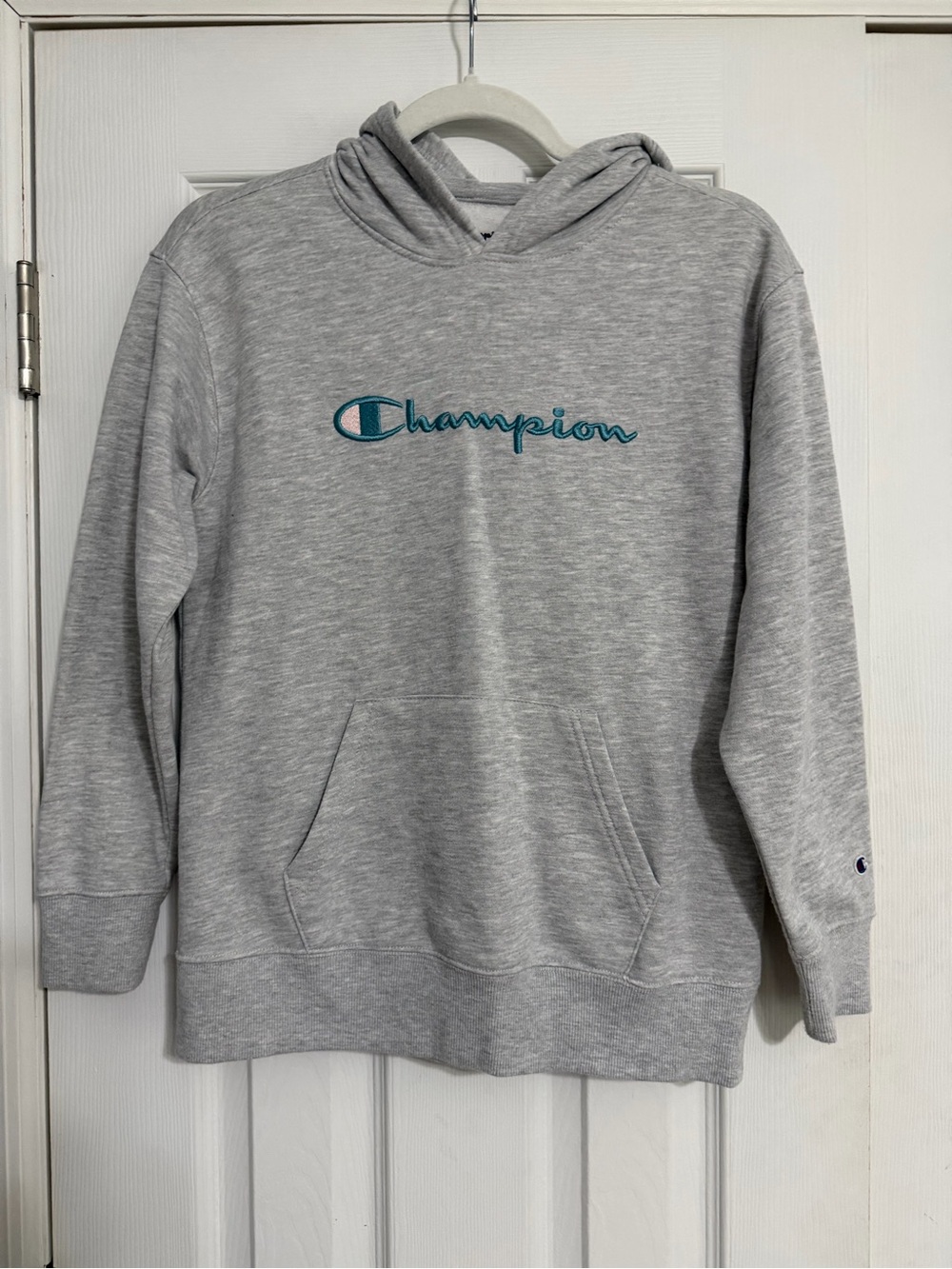 Champion grey hooded sweatshirt blue embroidered logo girls size XL